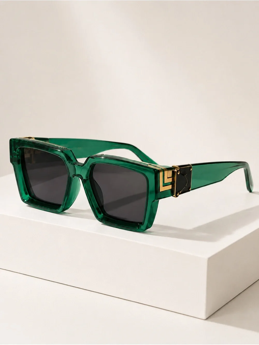 Unisex Emerald Green Square Sunglasses with Gold-Tone Detail